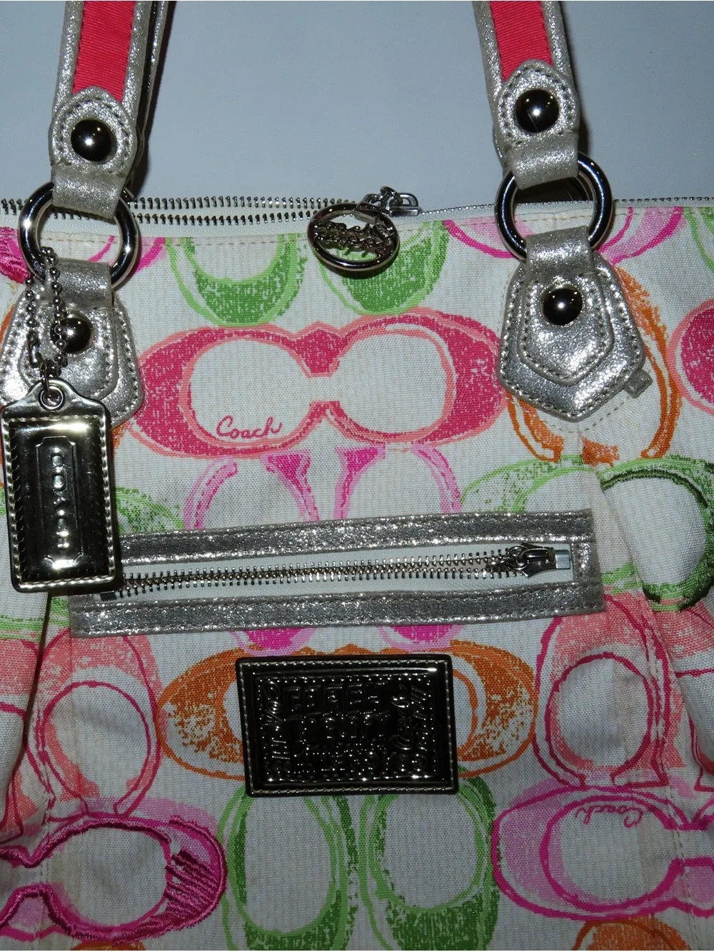 Coach Multicolor Signature Tote with Silver Accents and Pink Straps